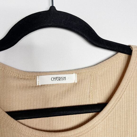 New Cherish Large L Taupe Peach Open Back Cold Shoulder Long Sleeve Tee Tshirt - Picture 8 of 9